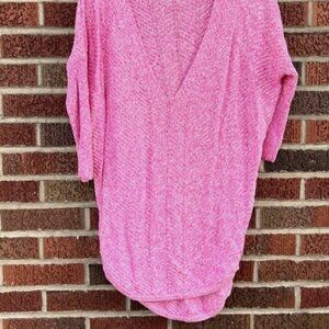 Pink and White Deep V Neck 1/2 Sleeve Tunic Sweater Top